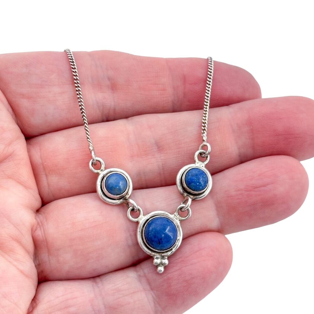 Vintage Sterling Silver 925 Three Stone Lapis Lazuli Necklace 16.5"